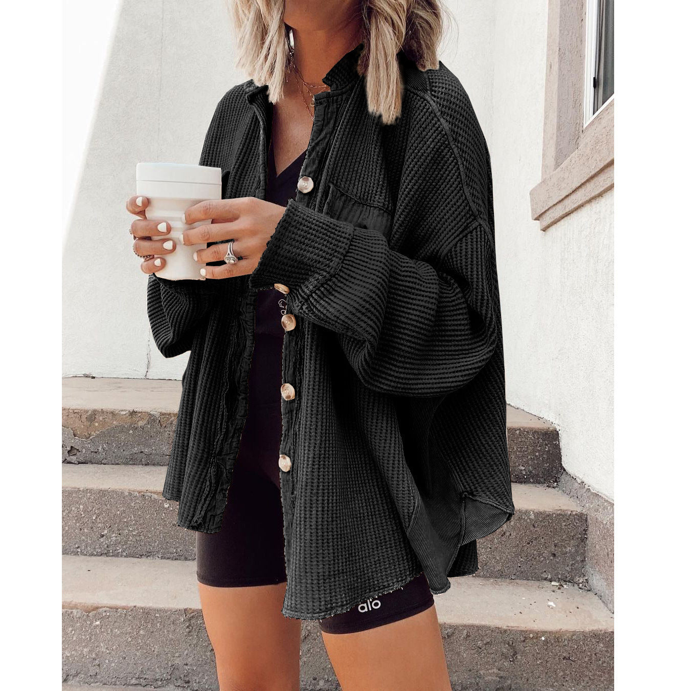 Waffle Knit Button-Down Shacket